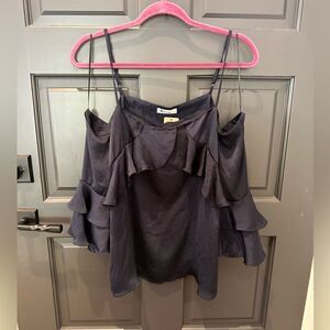 Bare Shoulder Ruffle Silk-Blend Cami Top - Navy